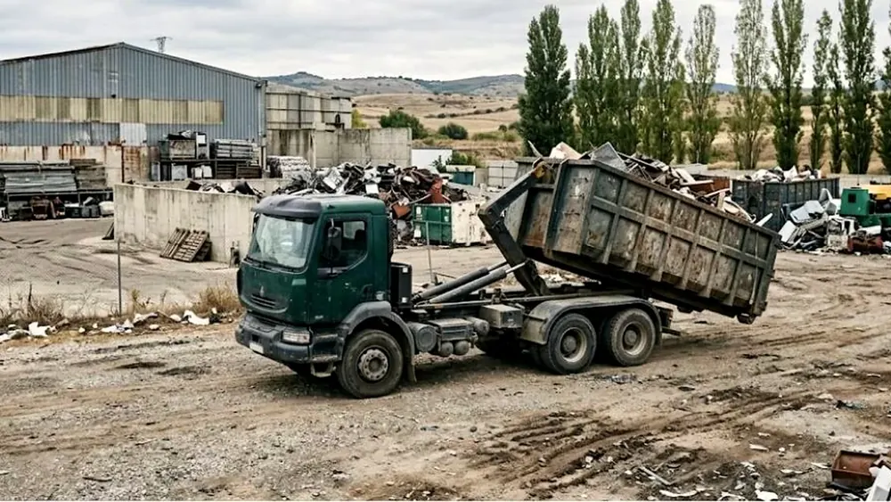 Camion con gancho descargando un contenedor de residuos en una planta de gestion