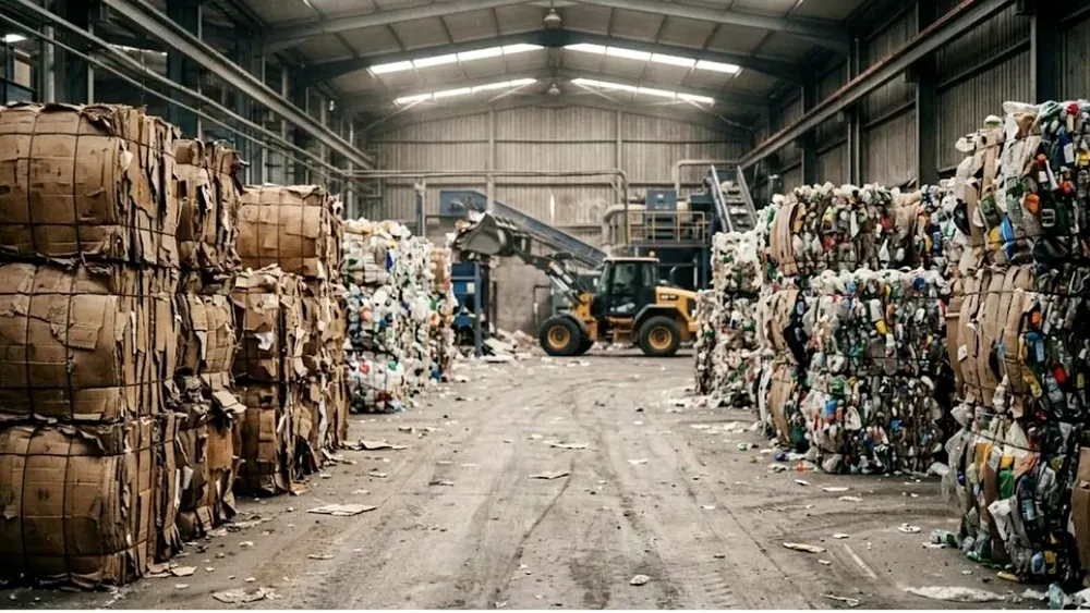 Nave de reciclaje con balas de carton y envases clasificados