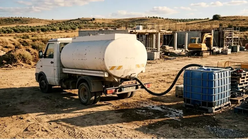 Camion cisterna de agua potable llenando un deposito en obra