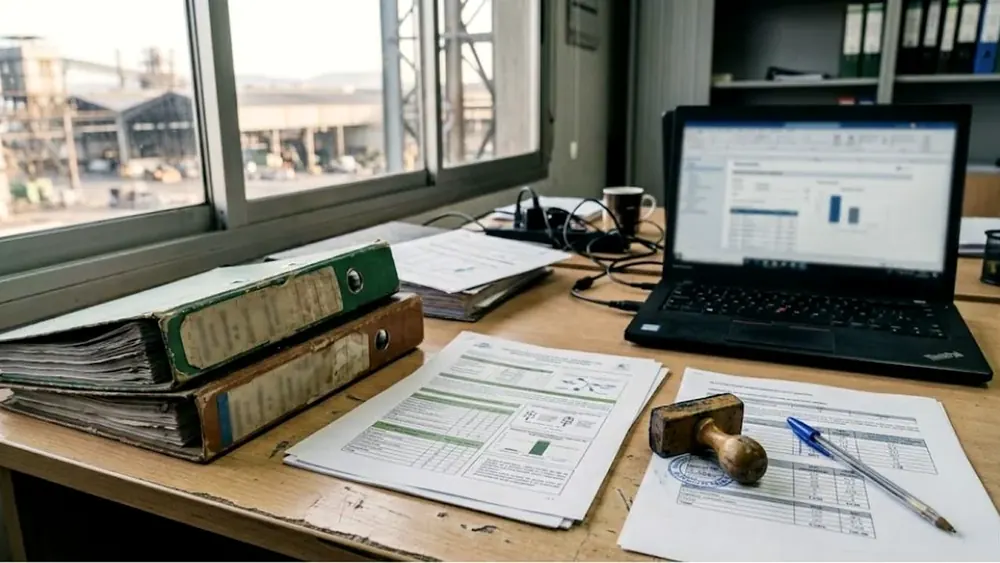 Documentacion ambiental y archivadores de trazabilidad de residuos sobre una mesa