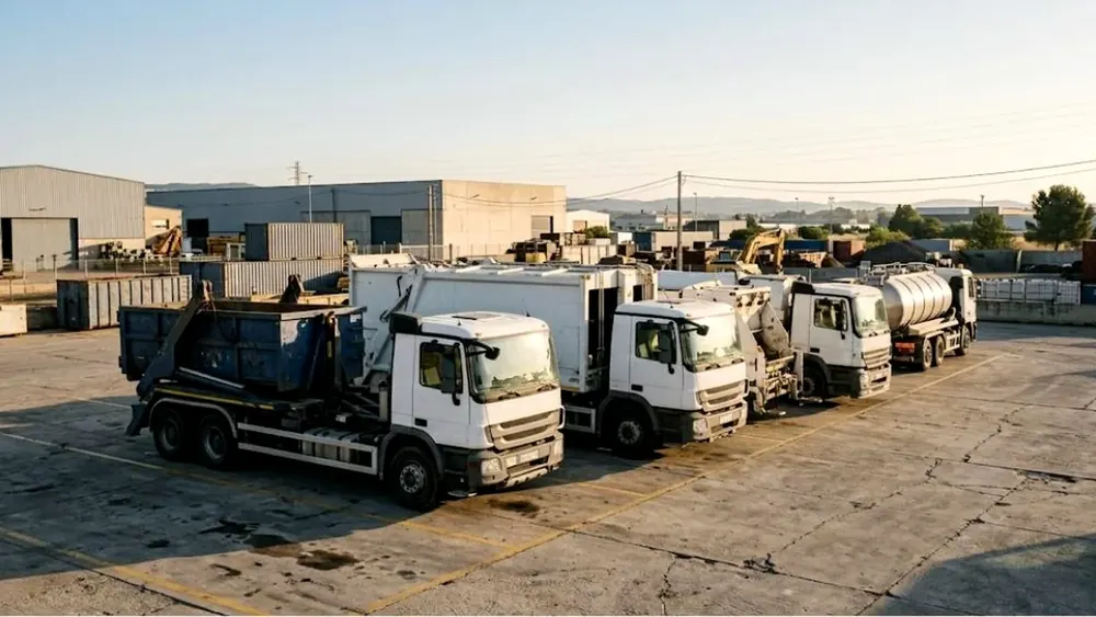 Flota propia de camiones de FetransPer aparcada en la base