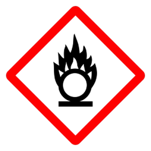 Pictograma GHS03: comburente. Llama sobre circulo, rombo rojo.