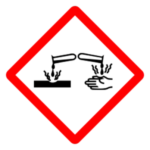 Pictograma GHS05: corrosivo. Corrosion de mano y superficie, rombo rojo.