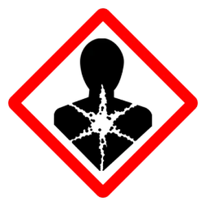 Pictograma GHS08: peligro para la salud. Silueta con estrella en el torso, rombo rojo.
